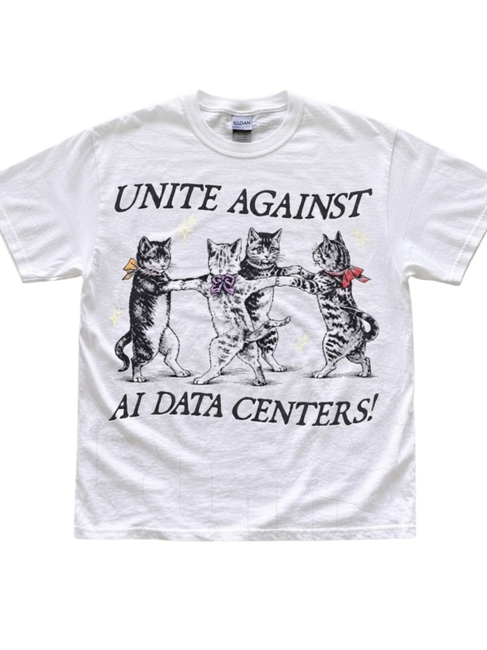 Gildan White Dancing Cats Graphic Tee with Colorful Bows